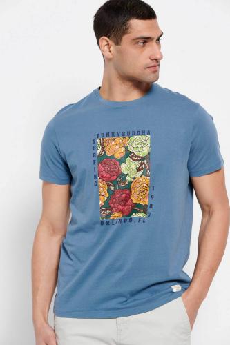 Funky Buddha ανδρικό T-shirt με framed floral print και logo patch στο πλάι - FBM007-051-04 Γκρι Γαλάζιο S